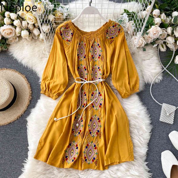 Neploe Bordado Bordado Vestido Vestido Buff Manga Curto Bohemian Beach Vestidos Mulheres Off Holiday Vestidos 1d814 210423