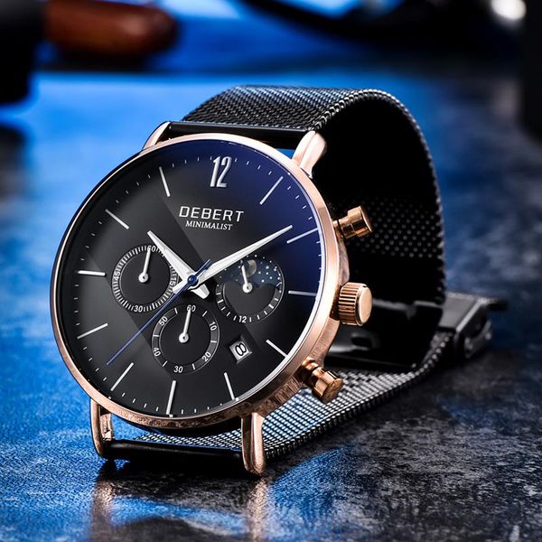 

wristwatches 41 mm moon phase watch debert men's fashion automatic quartz waterproof 316l stainless steel case leather strap, Slivery;brown