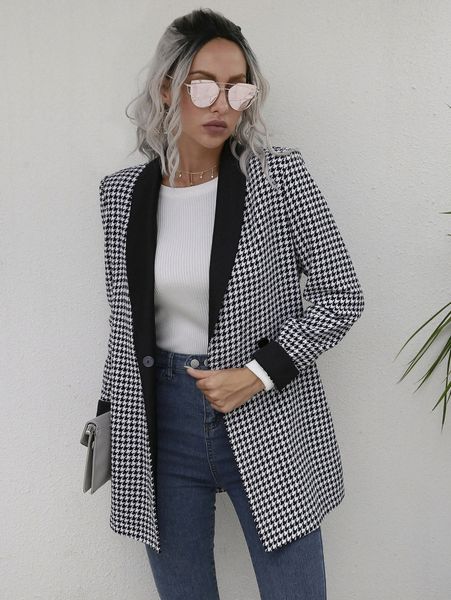 

houndstooth shawl collar double button tweed overcoat 862r#, Black