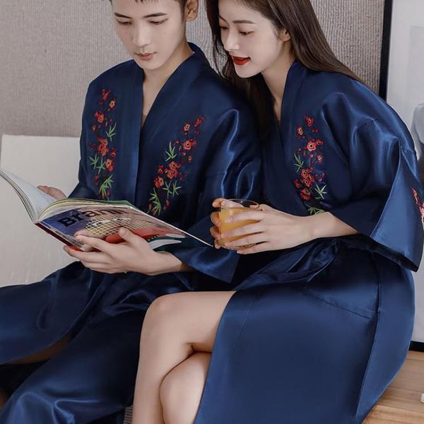 

men's sleepwear embroidery flower lovers robe satin casual bathrobe gown couple nightwear loose kimono loungewear home clothes, Black;brown