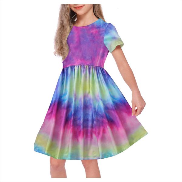 

girls baby tie dye girl dress summer gradient frills o neck short sleeve a line sweet print princess, Red;yellow