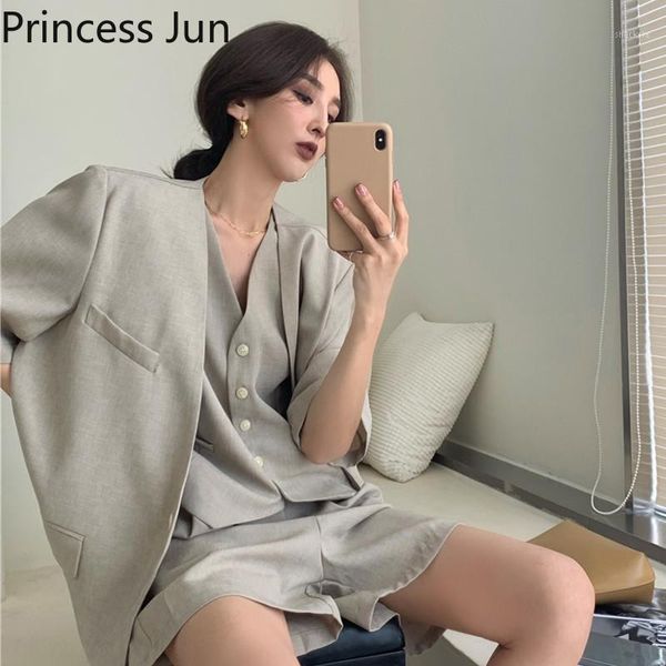 

women's tracksuits chic lady fashion 3 piece suits sleeveless vest&short sleeve loose casual blazer&high waist wide leg shorts sets 3pc, Gray