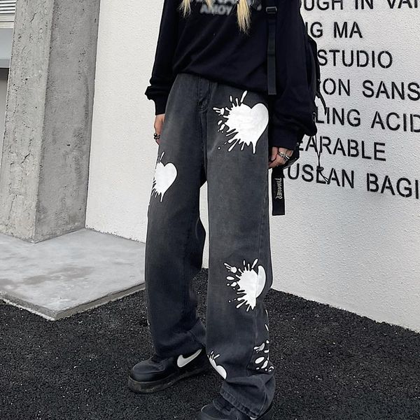 

men's jeans harajuku trend washed black and gray paint splash printing men women casual loose wide-leg straight-leg pants, Blue