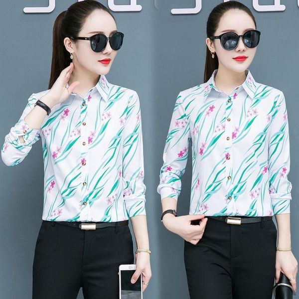 

women's blouses & shirts women blouse shirt long sleeve spring autumn chiffon printed blusas ropa de mujer, White