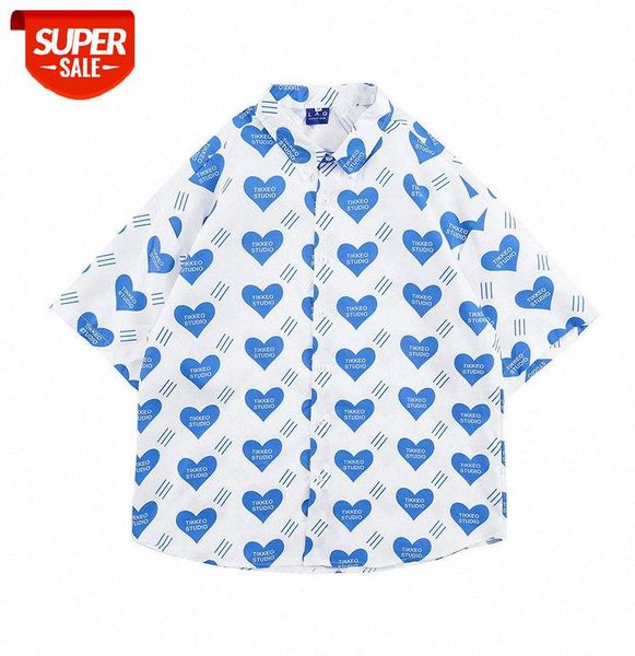 

love full print short-sleeved shirt men's harajuku romantic cardigan half-sleeved street fashion five-point sleeves #z157, White;black