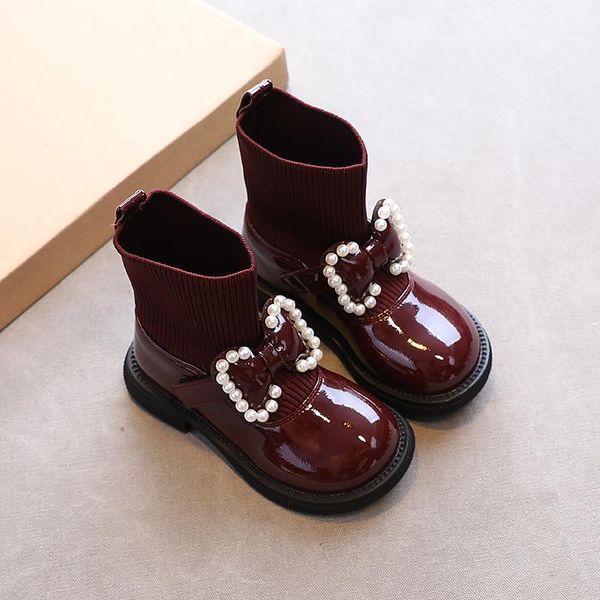 

boots girls' short 2021 autumn winter pearl bow princess children' leather shoes fashion tide single g322, Black;grey