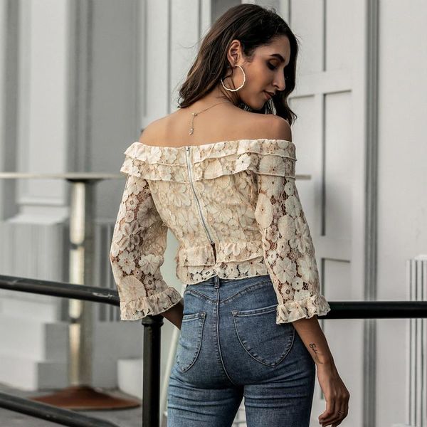 

lotus sleeve lace shirt pure color flowers pattern slim hook flower hollowe t-shirt crop summer fashion women's, White