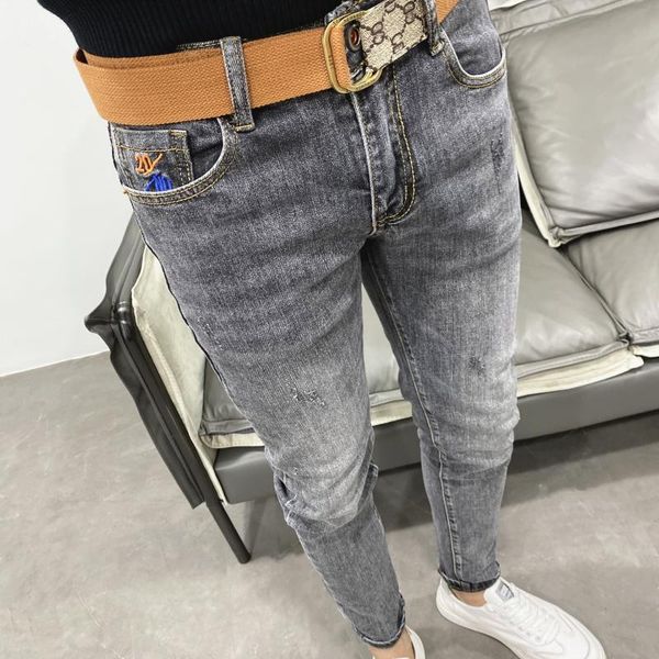 

men's jeans fashionable black yellow cat have slim feet denim trousers trendy boy embroidery elastic gift belt teenager pencil pants, Blue
