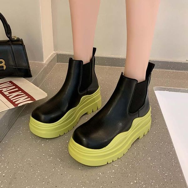 

boots lolita brand women's shoes round toe boots-women fashion autumn mid-calf sports rubber 2021 low ladies rock mid calf lace, Black