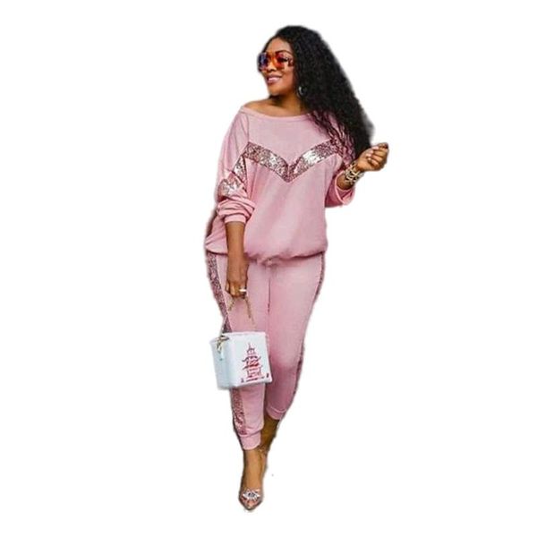 

women's two piece pants women tracksuit patchwork sequin set fashion o collar long sleeve 2 sequined t shirt splicing, White
