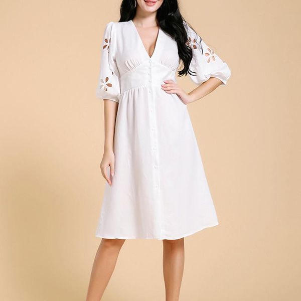 

casual dresses western style women's dress fashion temperament 2021 summer high waist v-neck lantern sleeve hollow out, Black;gray