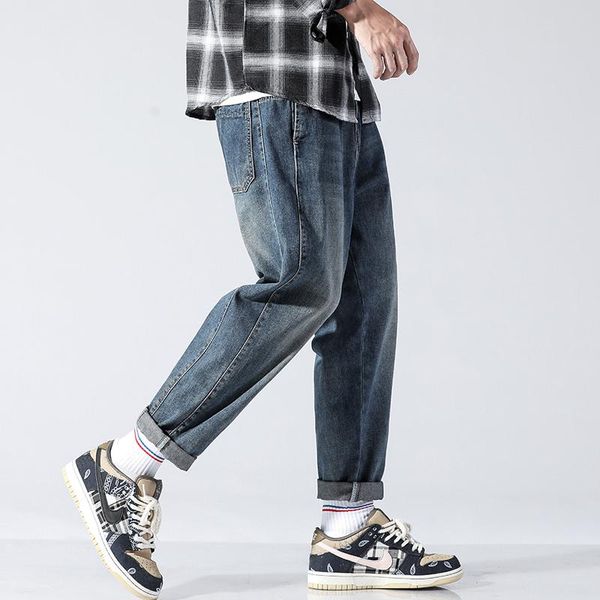 

men's jeans 2021 spring and summer classic brand loose straight tapered youth school hip hop harem pants cropped, Blue