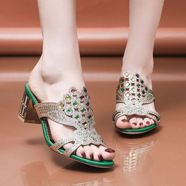 

slippers plus size 41 summer women rhinestone slipper high heels dress shoes open toe slides bling ladies zapatos mujer 9104n, Black