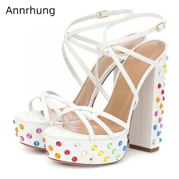 

sandals colorful crystal high platform women narrow band ankle strappy chunky heel rhinestone summer sandalias, Black