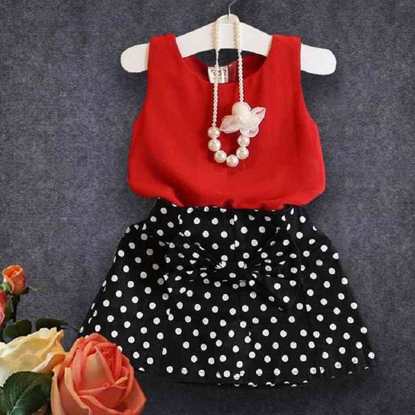 

2 6 10 years baby girl summer clothes sets dots printed clothing sleeveless vest + skirt kids two sets children girl clothes g220217, White