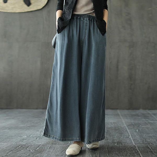 

women's jeans johnature spring summer full length elastic waist all-match denim wide leg pants 2021 leisure loose comfortable women, Blue