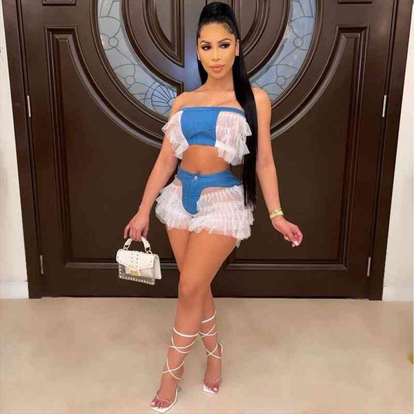 

denim mesh two piece women tracksuits set festival clothing club outfits ruffle crop 2 shorts matching sets, Gray