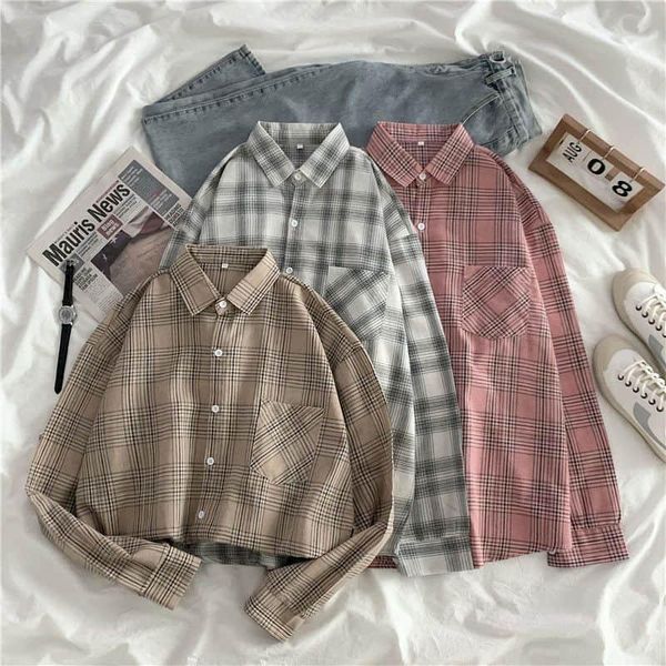 

women's plus size clothes long-sleeved plaid loose korean style shirt autumn mid-length all-match casual female's bloues blouses, White