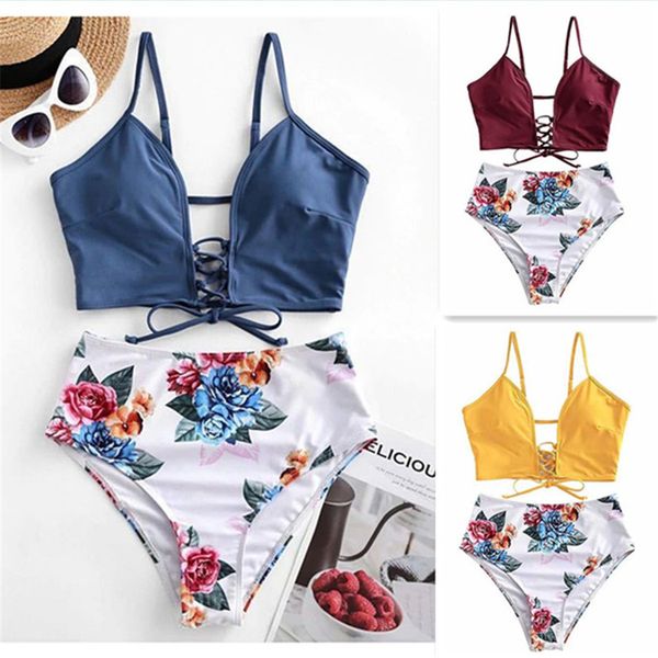 

2021 new bikinis flower print swimsuit women push up bikini set high waist bandage swimwear women bathing suit beachwear