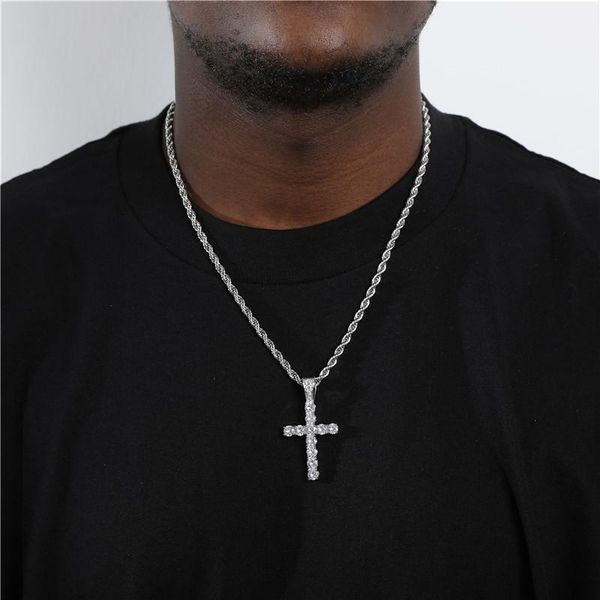 

pendant necklaces hip hop bling iced out cubic zirconia stone copper pico harvey cross pendants with 4mm tennis chain men charm jewelry, Silver