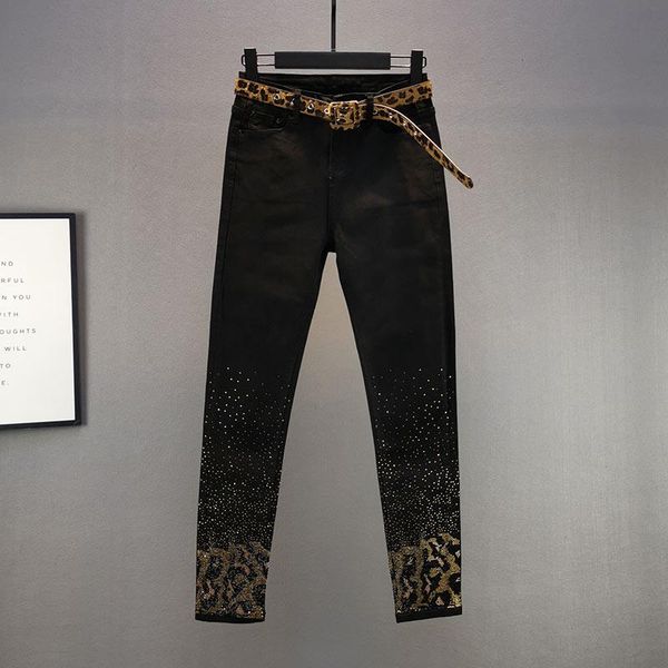 

women's jeans leopard rhinestone 2021 spring and autumn elastic high waist slim fit black denim pencil pants, Blue