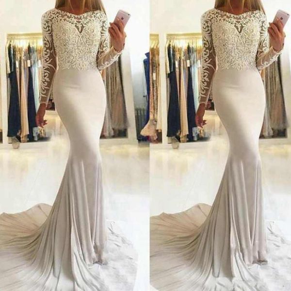 

party dresses 2021 elegant white lace mermaid prom scoop neck long sleeves appliques formal evening, White;black