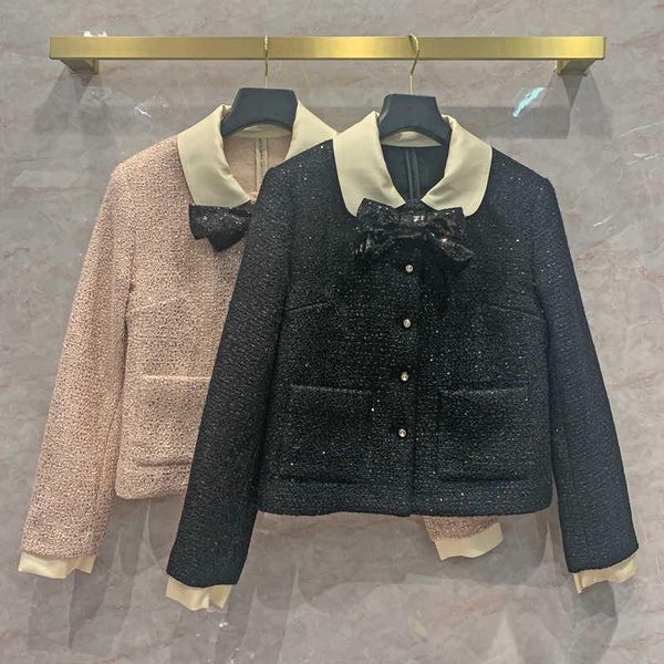 

women's wool & blends autumn spring designer bowtie woollen coat sequins 100% silk lining tweed c713, Black