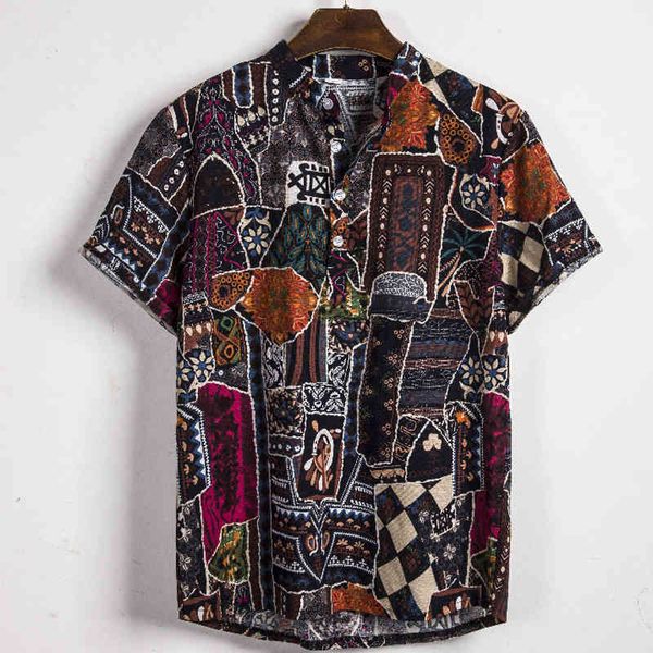 Estilo da África Camisetas Homens Manga Curta Impressão Casual Mens Camisa Férias Hawaiian Camisas Câmeras Coloridas Roupa De Linho étnica 210524