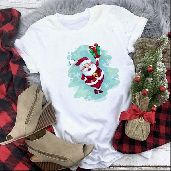 

womens santa claus gift printed short sleeve merry christmas women t shirt o neck female clothes fashion tshirt, White