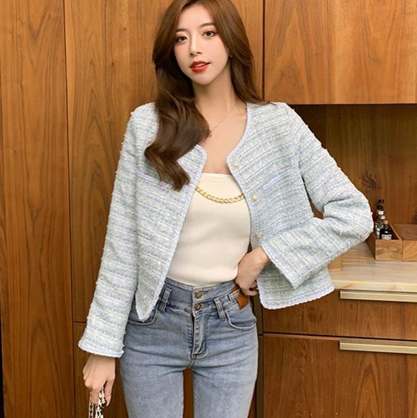 

women's jackets 2021 autumn woman casual tweed woolen single breasted slim o collar long sleeve coats, Black;brown