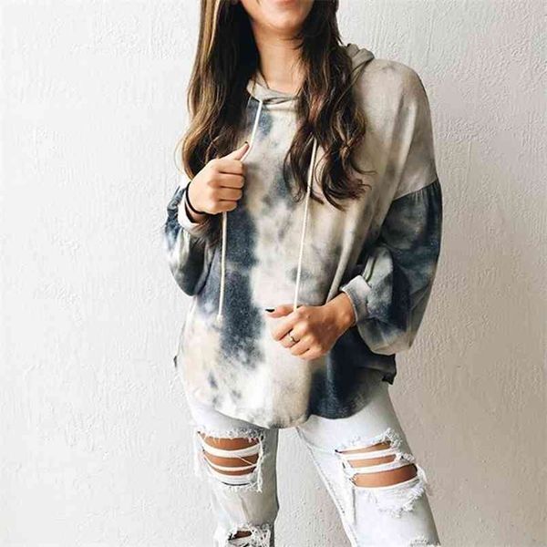 

autumn fashion t-shirt women casual print tie-dye hooded drawstring loose t-shirt loose full t shirts womens clothing 210508, White
