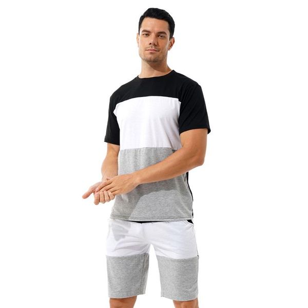 

men's sleepwear men color contrast sport outfit summer fashion casual tracksuit o neck short sleeve t-shirt drawstring shorts set overs, Black;brown