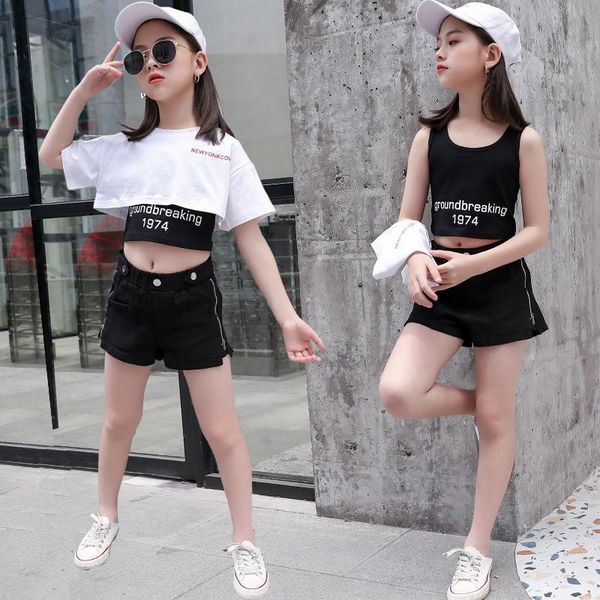 

clothing sets girls' short t-shirt vest and casual pants 2-piece set sportswear children's short-sleeved, White