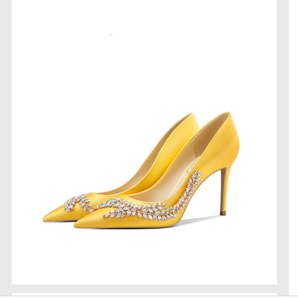 

sandals 2021 spring silk bridal wedding stiletto high heel pointed shallow mouth party rhinestone single shoes women, Black