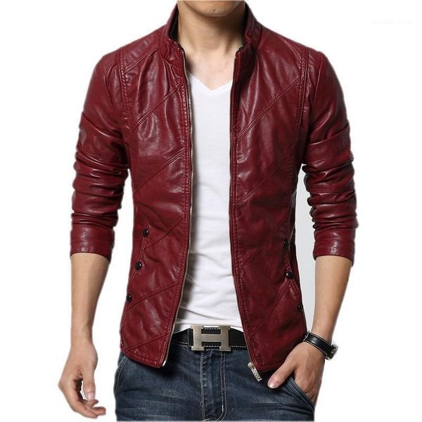 

brand 2021 mens fashion leather jacket men's collar slim biker coat solid color size 5xl-s fur & faux, Black