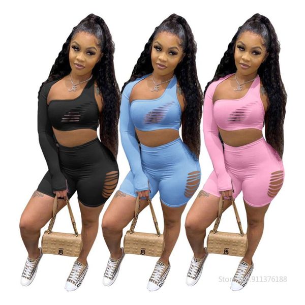 

women's tracksuits distressed hole two piece set women solid color one shoulder skew neck crop and biker shorts sporty outfits summer c, Gray