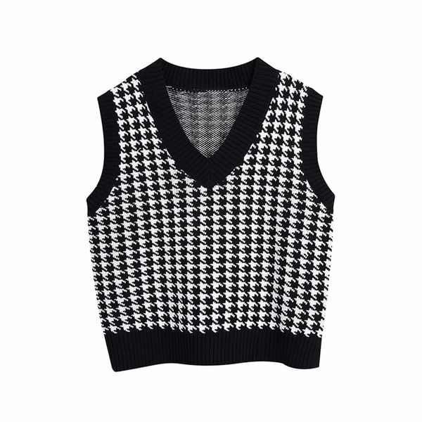 

women fashion houndstooth knitted vest sweaters vintage v neck side vents female waistcoat chic jumper 210531, Black;white