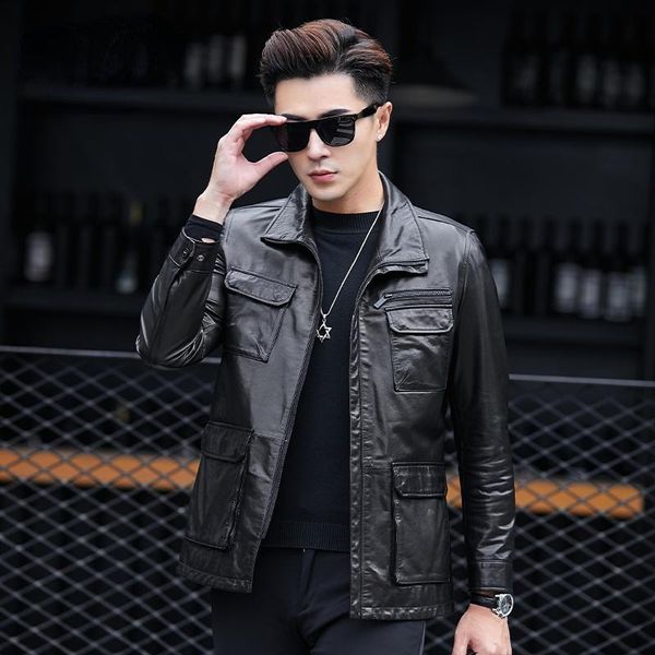 

men's leather & faux 2021 100% genuine jackets male black fashion real goatskin jacket casual clothing chaquetas hombre gmm610