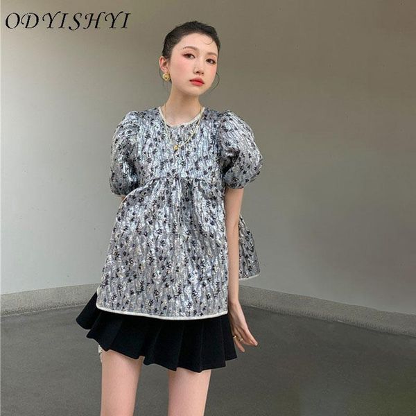 

women's t-shirt vintage jacquard o-neck backless women summer puff sleeve female high street loose ladies casual fashion tees ml356, White