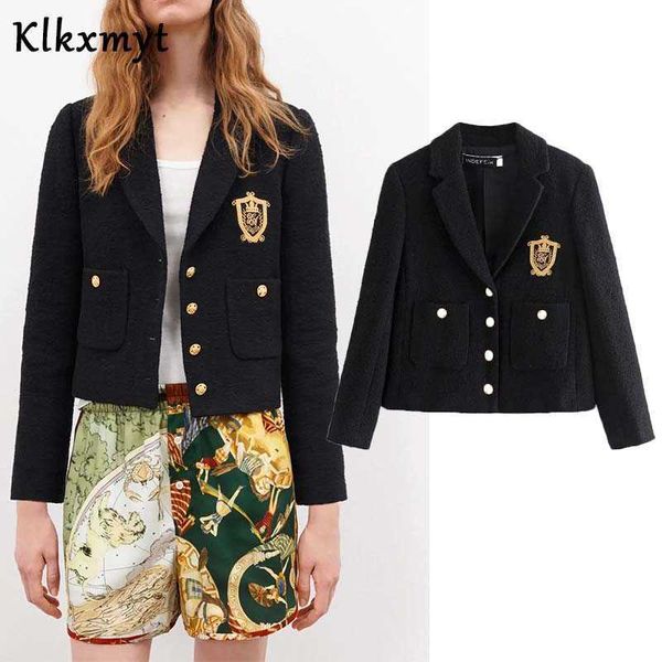 

klkxmyt za women fashion double breasted black blazer coat vintage long sleeve pockets female outerwear chic veste femme 210527, White;black