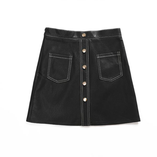 

skirts women pu leather spring autumn high waist front button min office ladies slim a-line plus size 3xl 74oi, Black