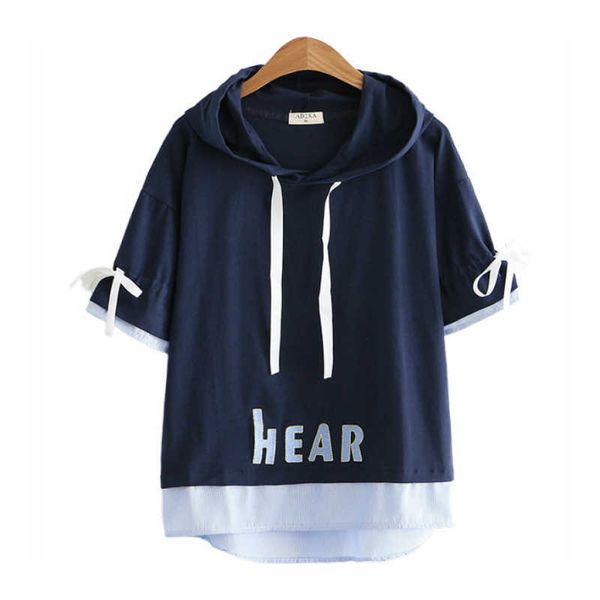 

merry pretty women hooded t shirts letter embroidery drawstring cotton shirt summer casual short sleeve patchwork op ee 210526, White