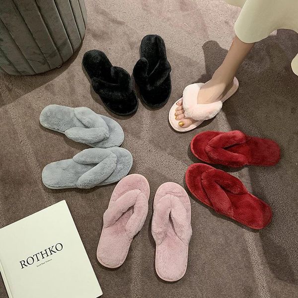 

slippers winter indoor women fashion home faux fur warm shoes woman slip on flats female flip flops pink plus size 42, Black