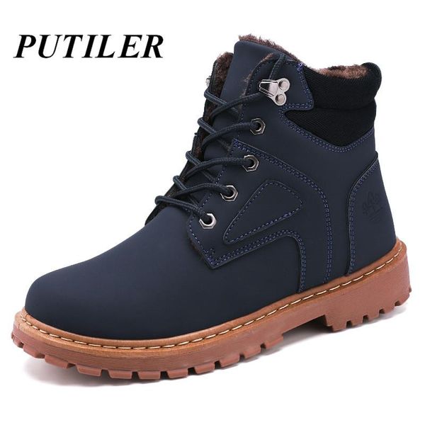 

boots winter men ankle waterproof warm fur snow outdoor work casual shoes blue military combat leather, Black
