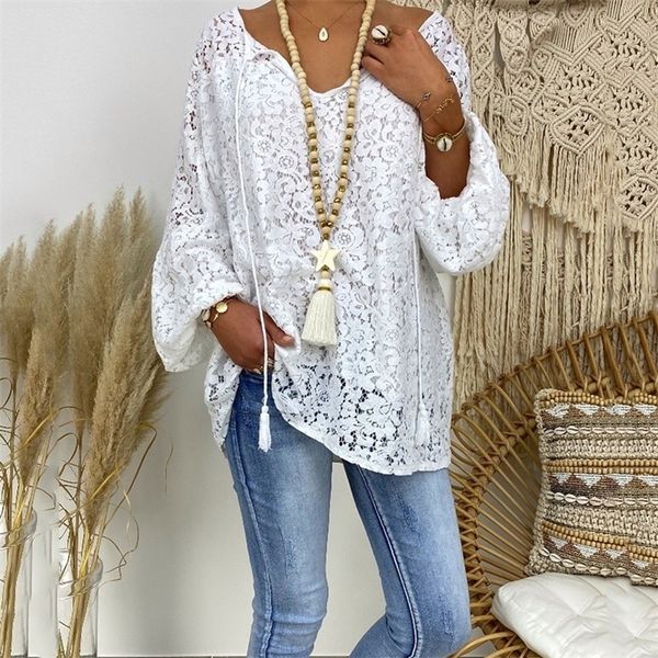 

white t shirt summer european american women lace hollow v-neck long sleeve autumn loose casual t-shirt christmas shirt 210317