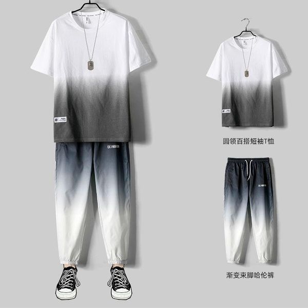 

leisure outfits men's summer two-piece sports clothes 2021 korean fashion handsome gradient short sleeve clothing tracksuits, Gray