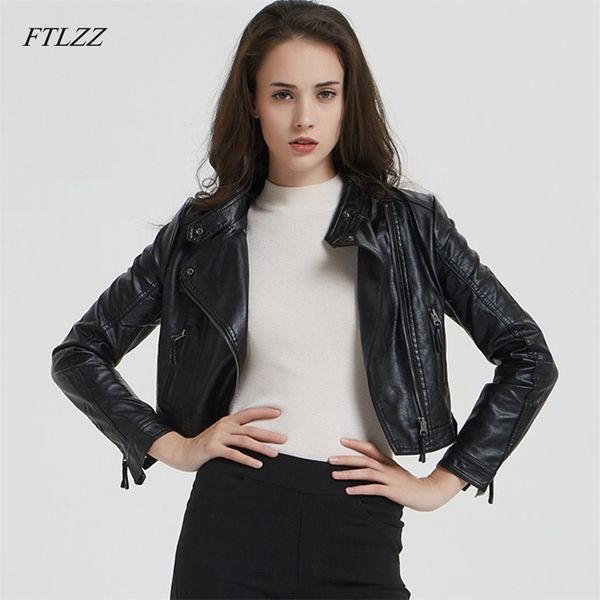 

pu leather short jacket autumn winter faux soft coat slim black rivet zipper punk s womens biker 210430