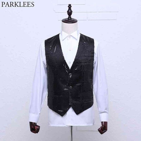 

black sequin paillette waistcoat men slim fit v neck suit vest mens club party bar hippie vests disco dance stage prom costumes 210522, White;black