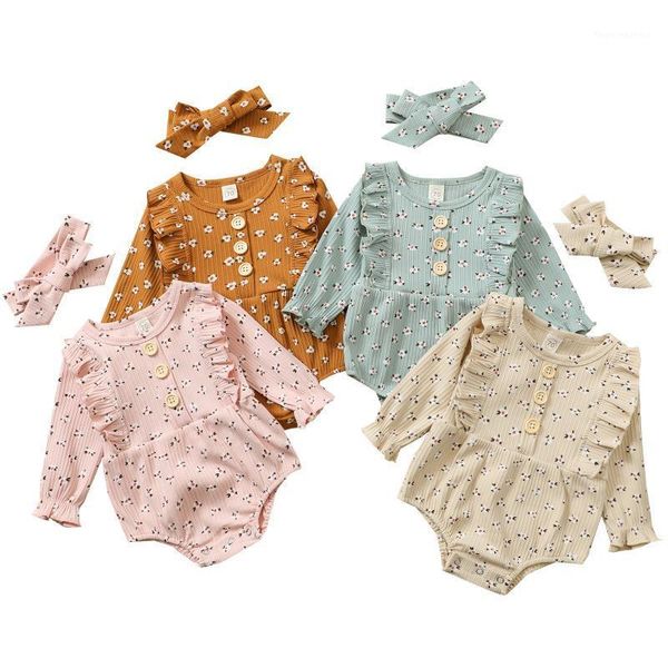 

clothing sets infant baby girls floral print clothes set, long sleeve o-neck jumpsuit with ruffles + bow-knot headband1, White