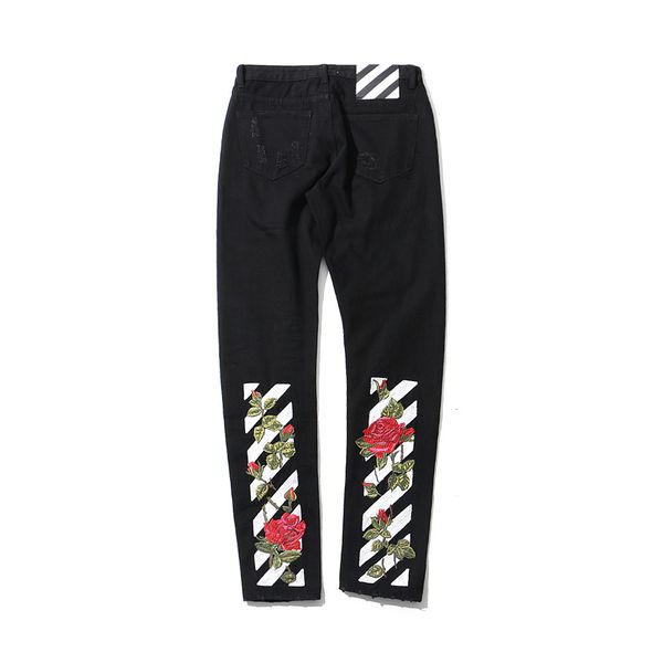 

pants trousers bigforsam fashion men's personalized flower embroidery perforated jeans cotton, Black